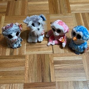Beanie boos with tags Kiki, Whiskers, Ruby, Ice Cube with tags